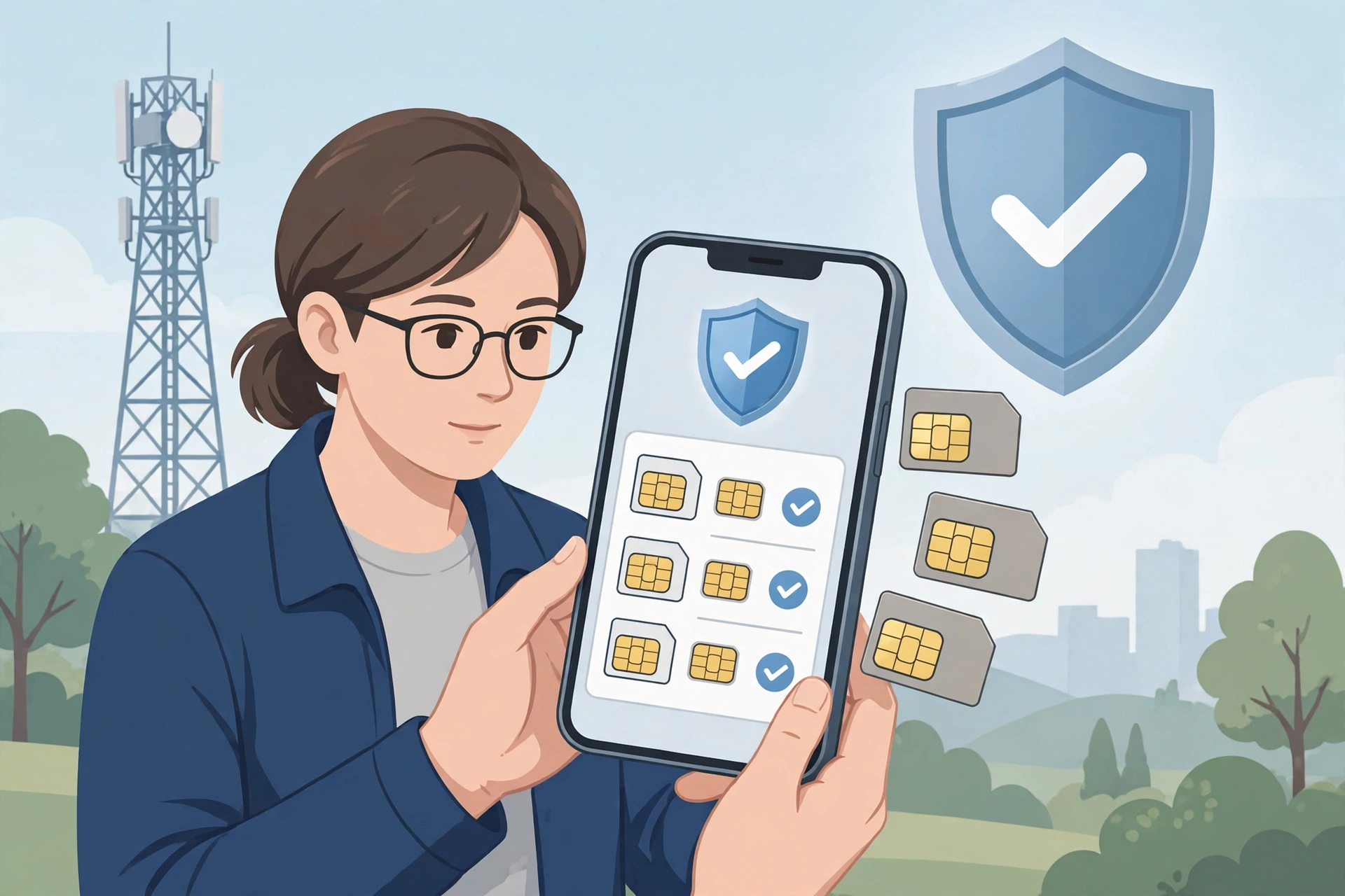 Illustration of a person checking SIM cards on a smartphone with a protective shield, for a TAFCOP guide