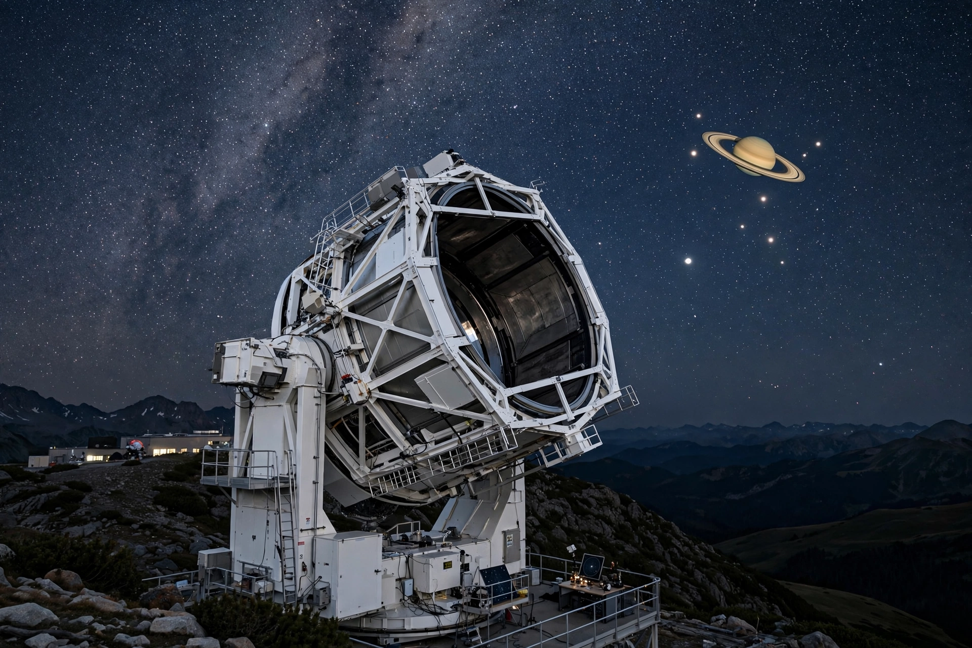 Telescope at night observing Saturn and its moons