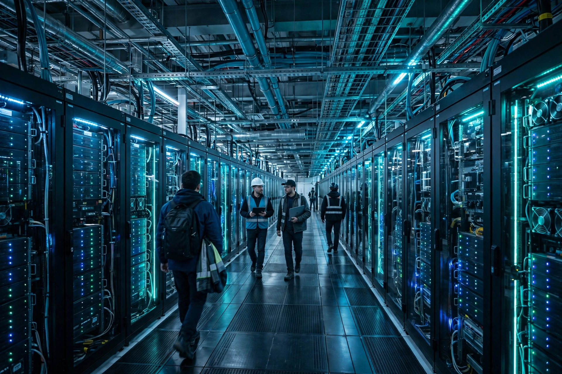 Rows of servers inside a modern AI data center