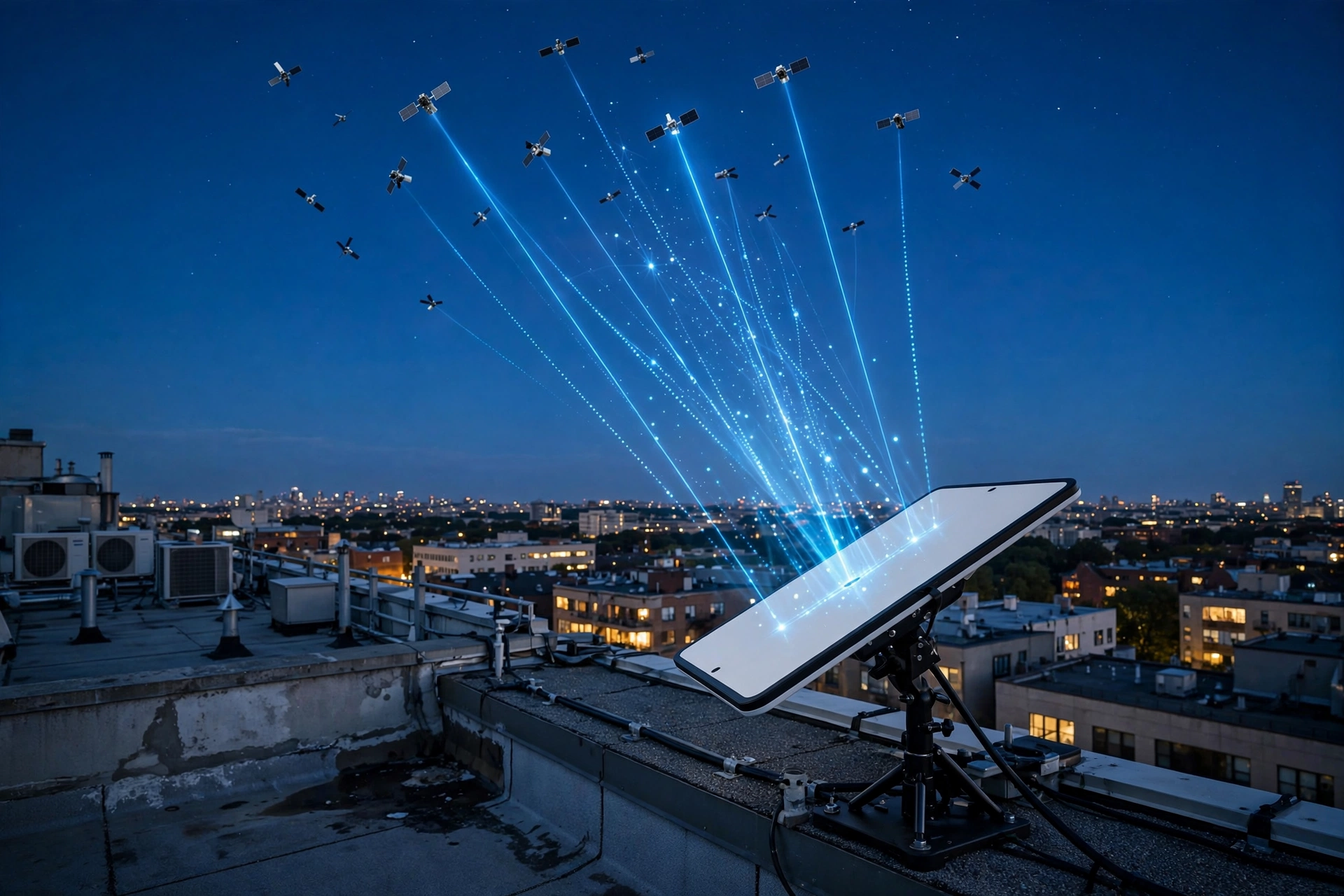 Satellite internet terminal connecting to satellites in the night sky